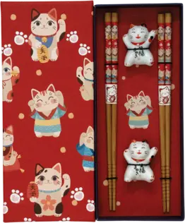 [12167] Jade Temple Essstäbchen-Set (2 Paar) mit Maneki-Neko-Stäbchenhalter (rot)
