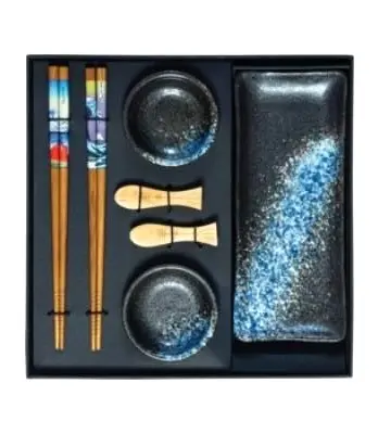 [12168] Jade Temple Sushi-Set aus Keramik mit Dippschale und Essstäbchen